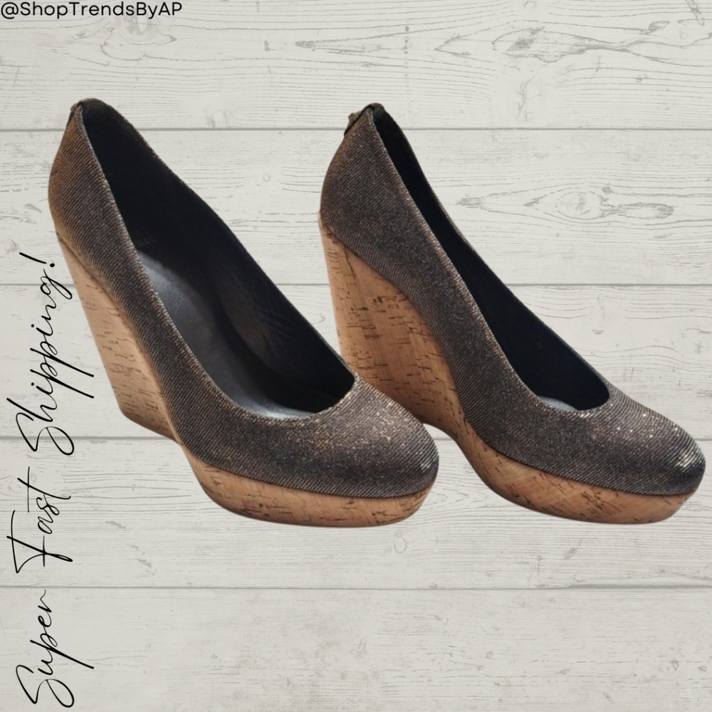 Stuart Weitzman Corkswoon Glitter Wedge Heels